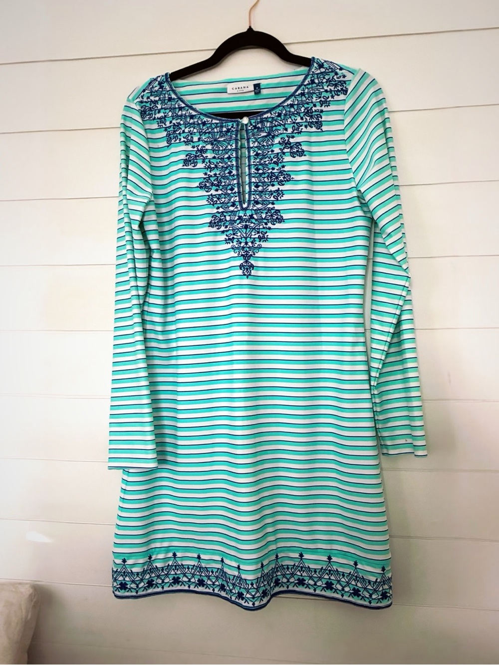 Cabana Life Aqua, White, and Navy Striped Swim Tunic w UPF 50+